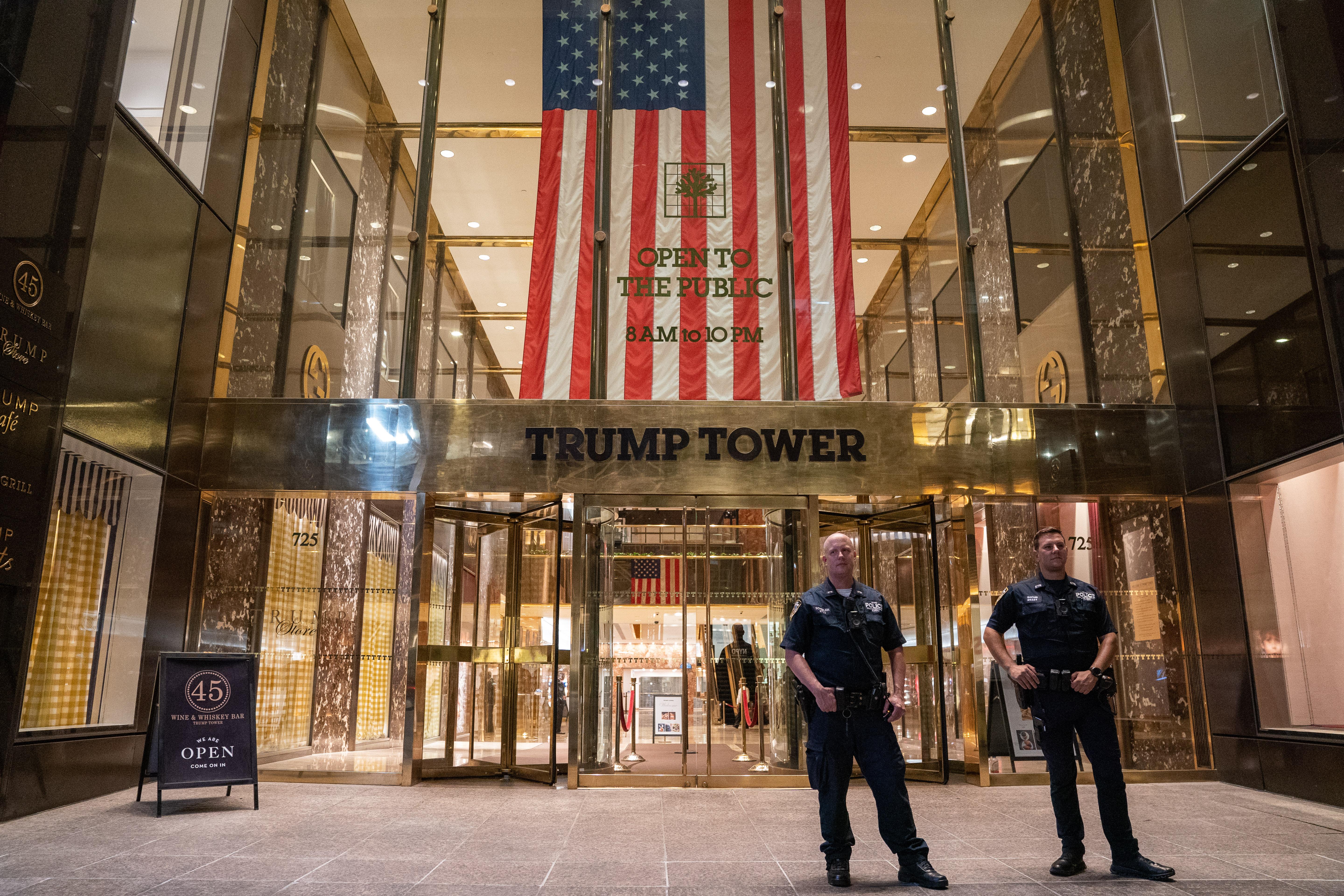 NEW YORK, NY - AUGUST 08: New York City police officers keep watch in front of Trump Tower on August 8, 2022 in New York City. The FBI raided former President Donald Trump's Mar-a-Lago, Florida home earlier today to retrieve classified White House documents. (Photo by David Dee Delgado/Getty Images)