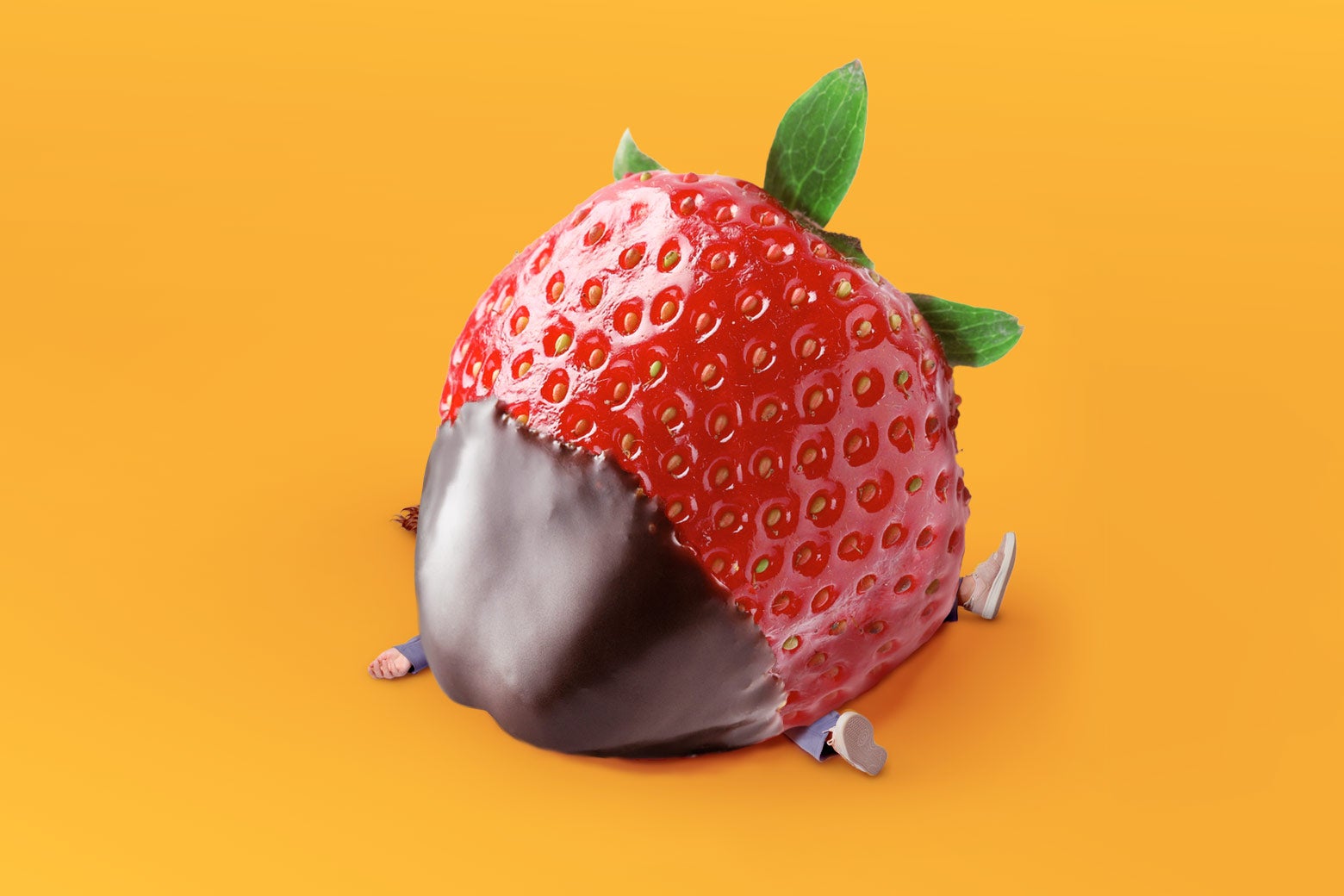 A chocolate-dipped strawberry crushing a person