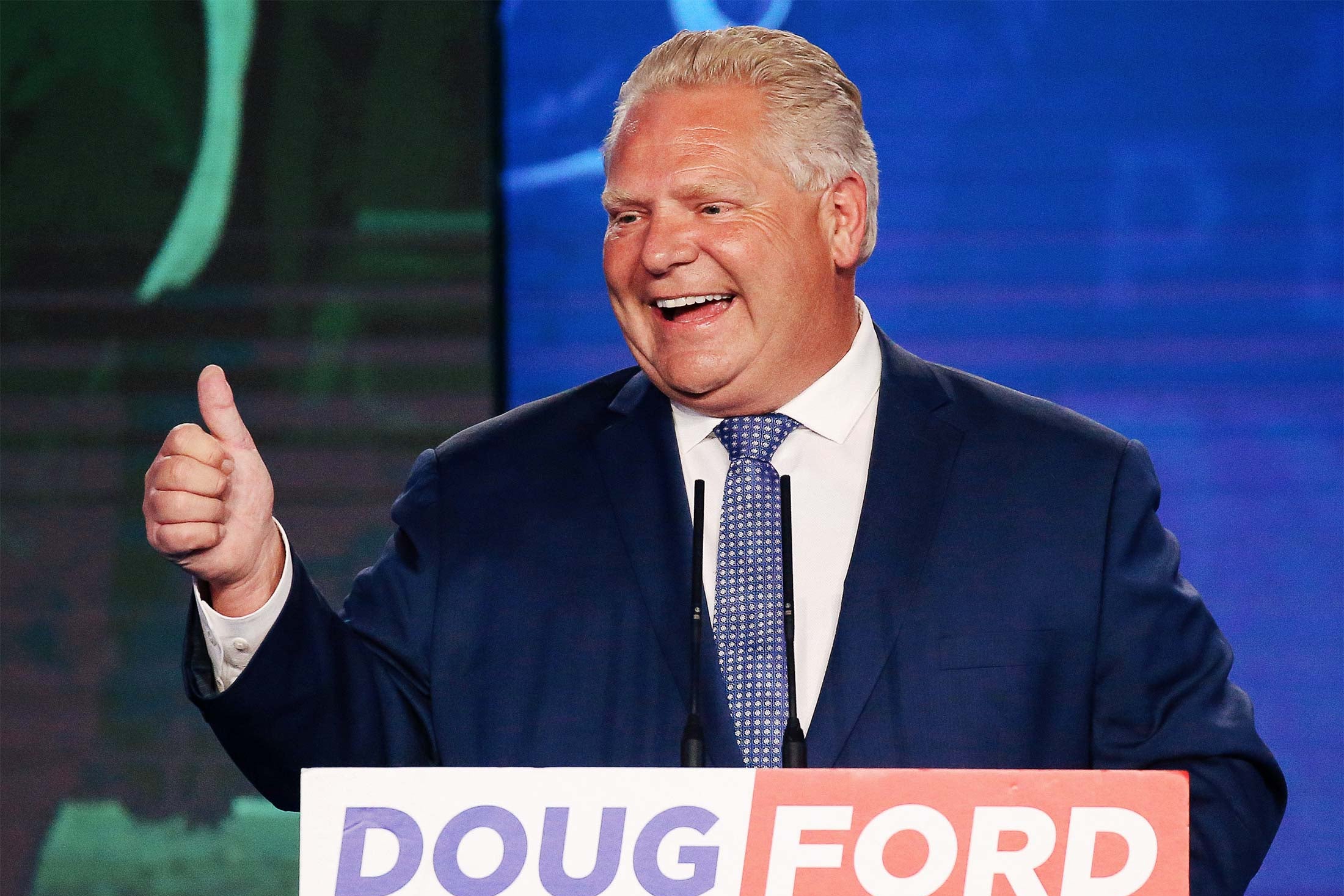 Doug Ford gives a thumbs-up during his election night party following the provincial election in Toronto, Ontario, on Thursday.