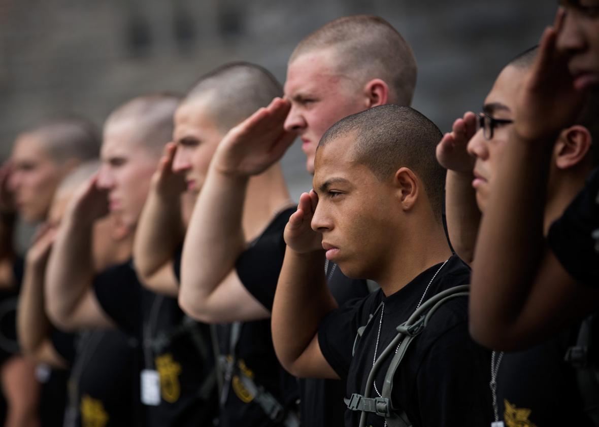 New cadets practice their salute during Reception Day at the United States Military Academy at West Point, June 27, 2016