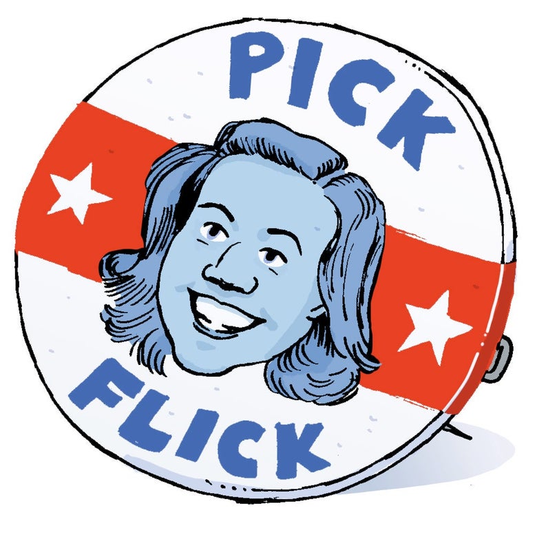 Illustration of a Pick Flick button with Tracy Flick's face on it.