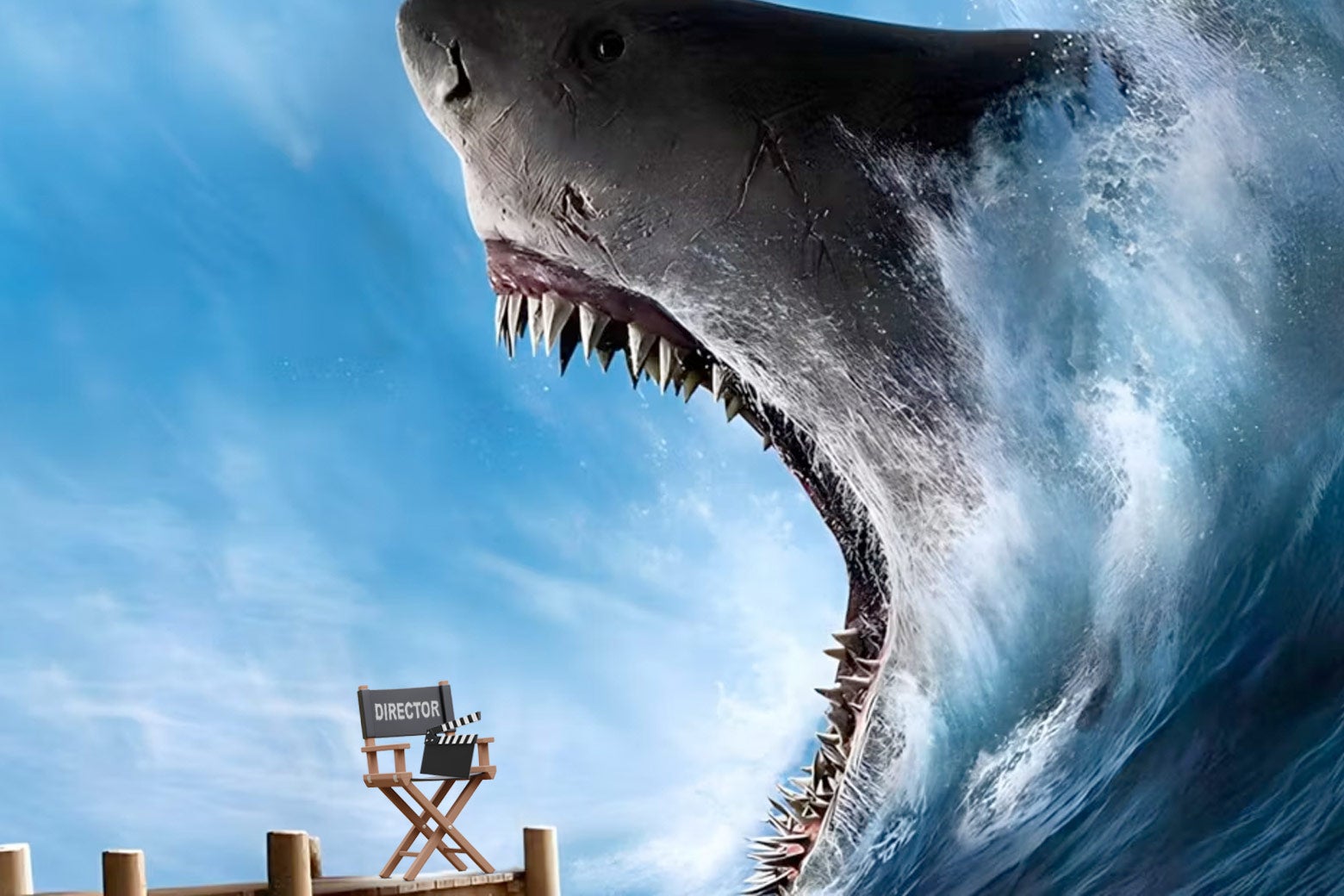 The shark from The Meg is about to eat a director's chair.