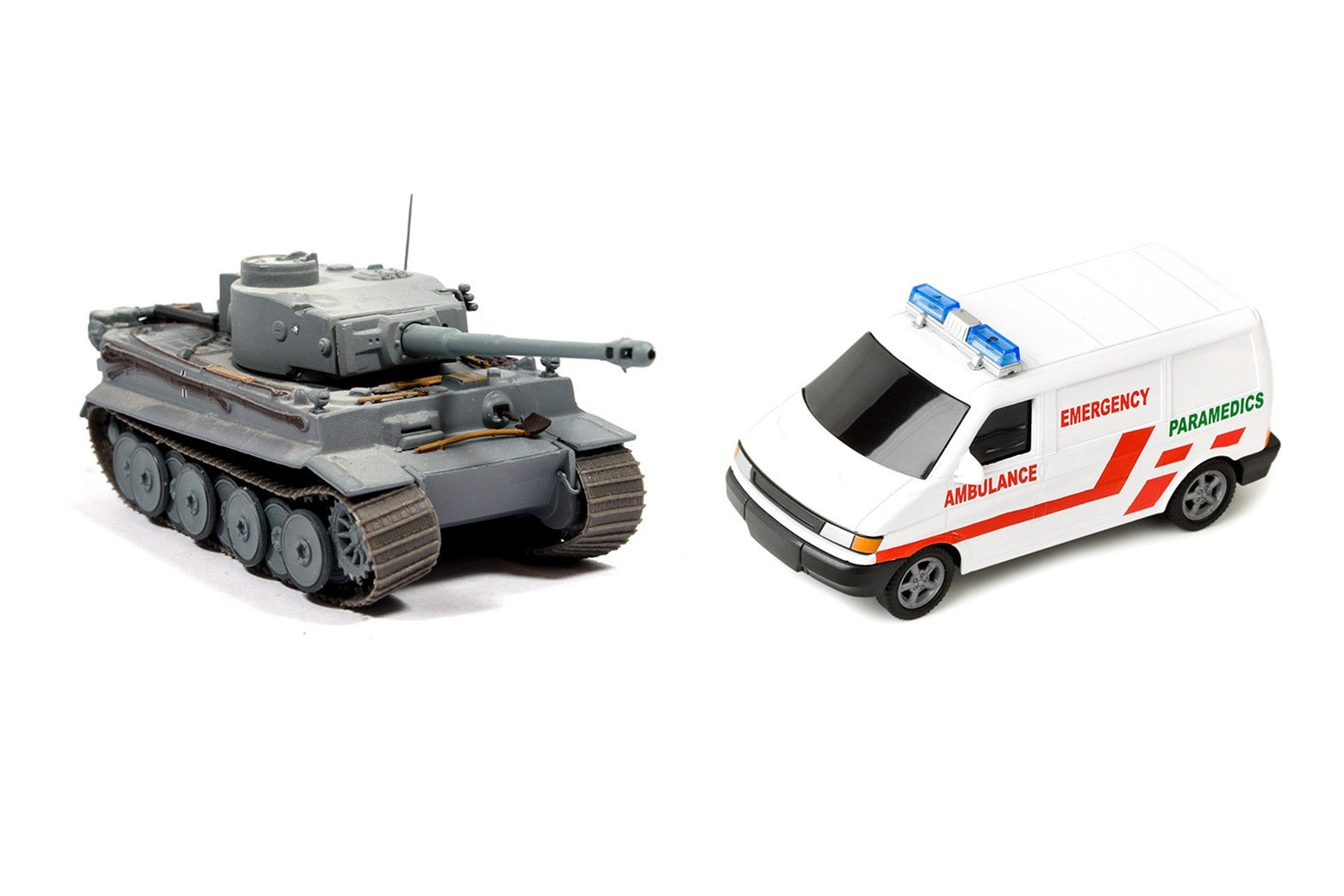 A toy tank and toy ambulance