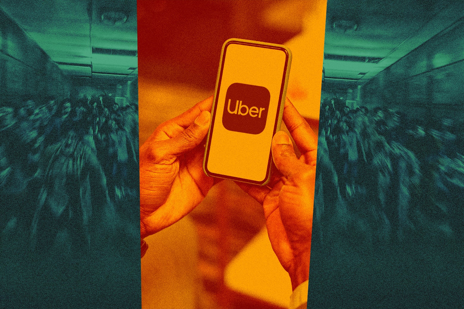 An Uber app logo against a blurry crowd.