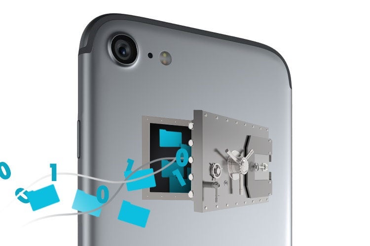 Photo illustration of an iPhone with file folders and numbers spilling out of an open safe at the back