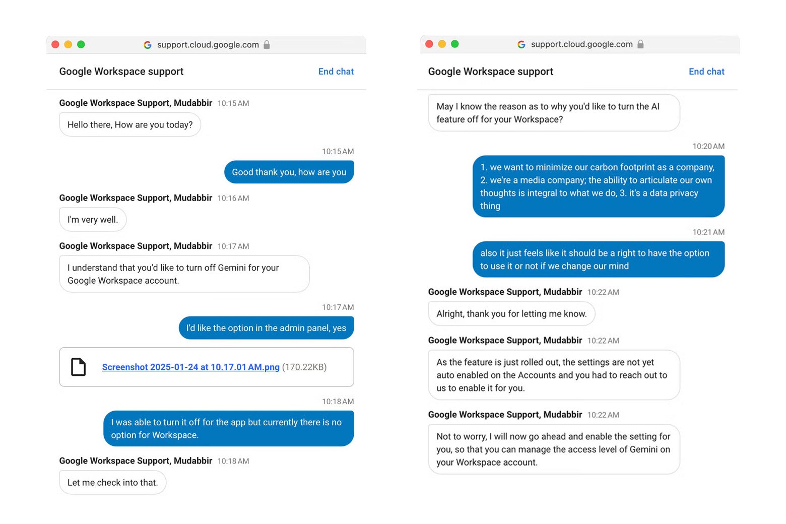 A screenshot of the author's chat with Google Support, where, among other things, they ask "May I ask the reason as to why you'd like to turn the AI feature off?"