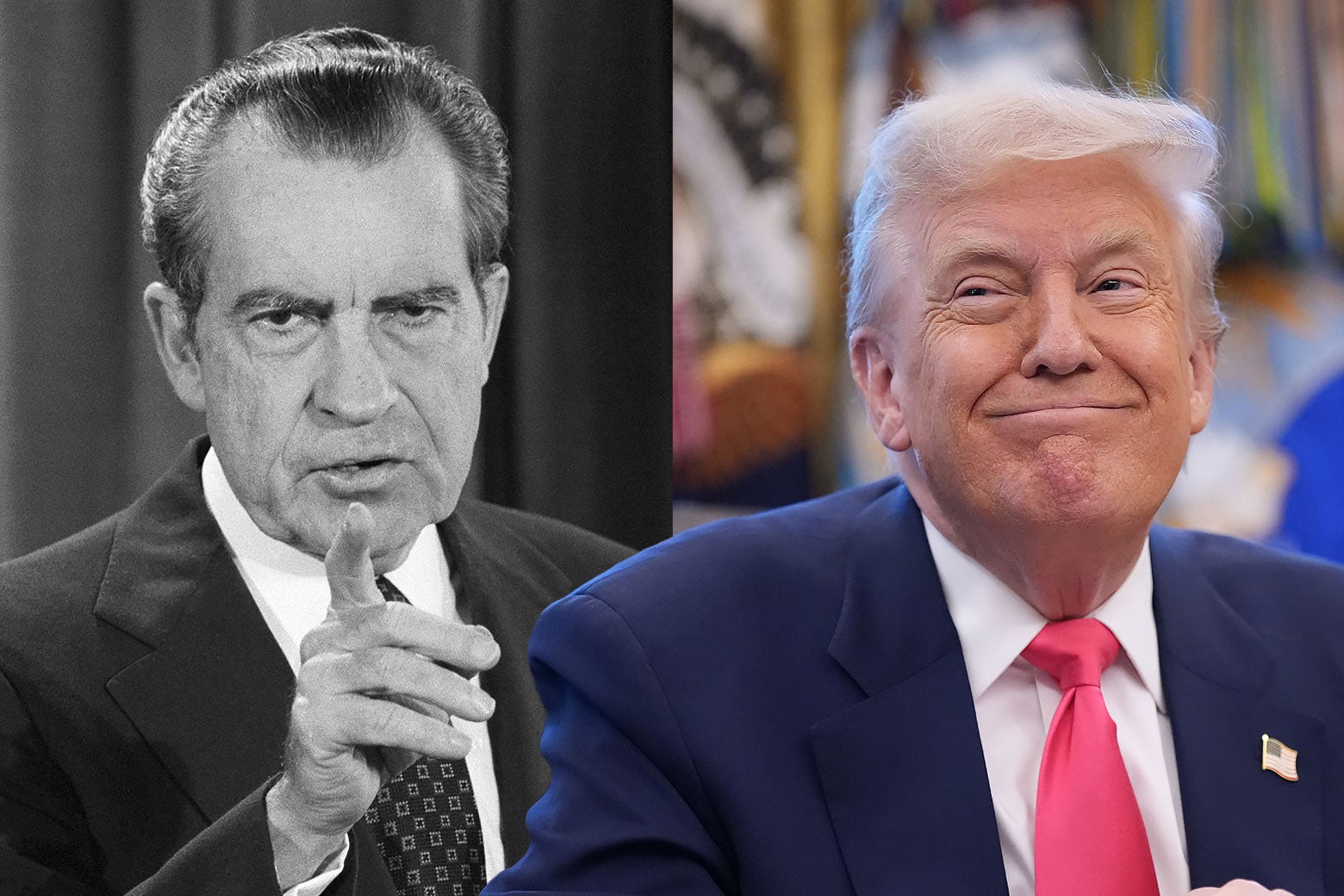 Richard Nixon está à esquerda, com uma aparência severa e corrupta. Donald Trump está à direita, com uma aparência presunçosa e corrupta.
