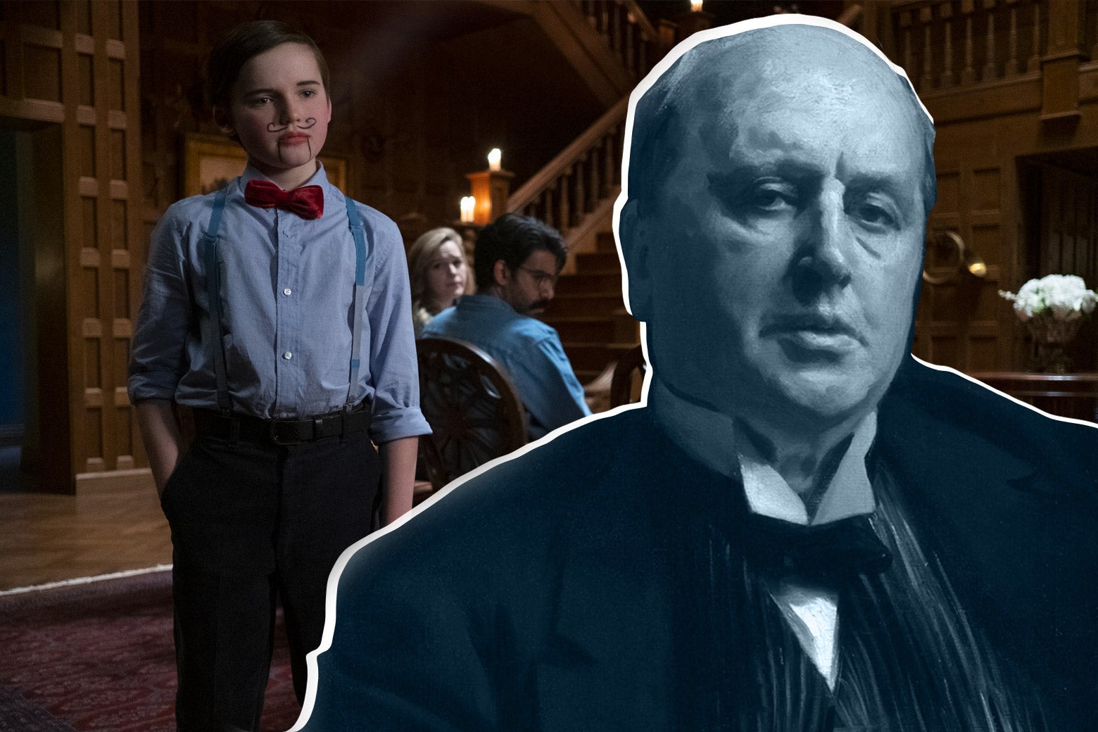 A portrait of Henry James and a still image of Miles in the TV show in the background.