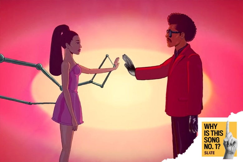 A cartoon drawing of The Weeknd and Ariana Grande