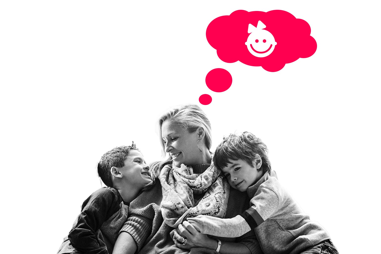 Woman cuddling two kids.