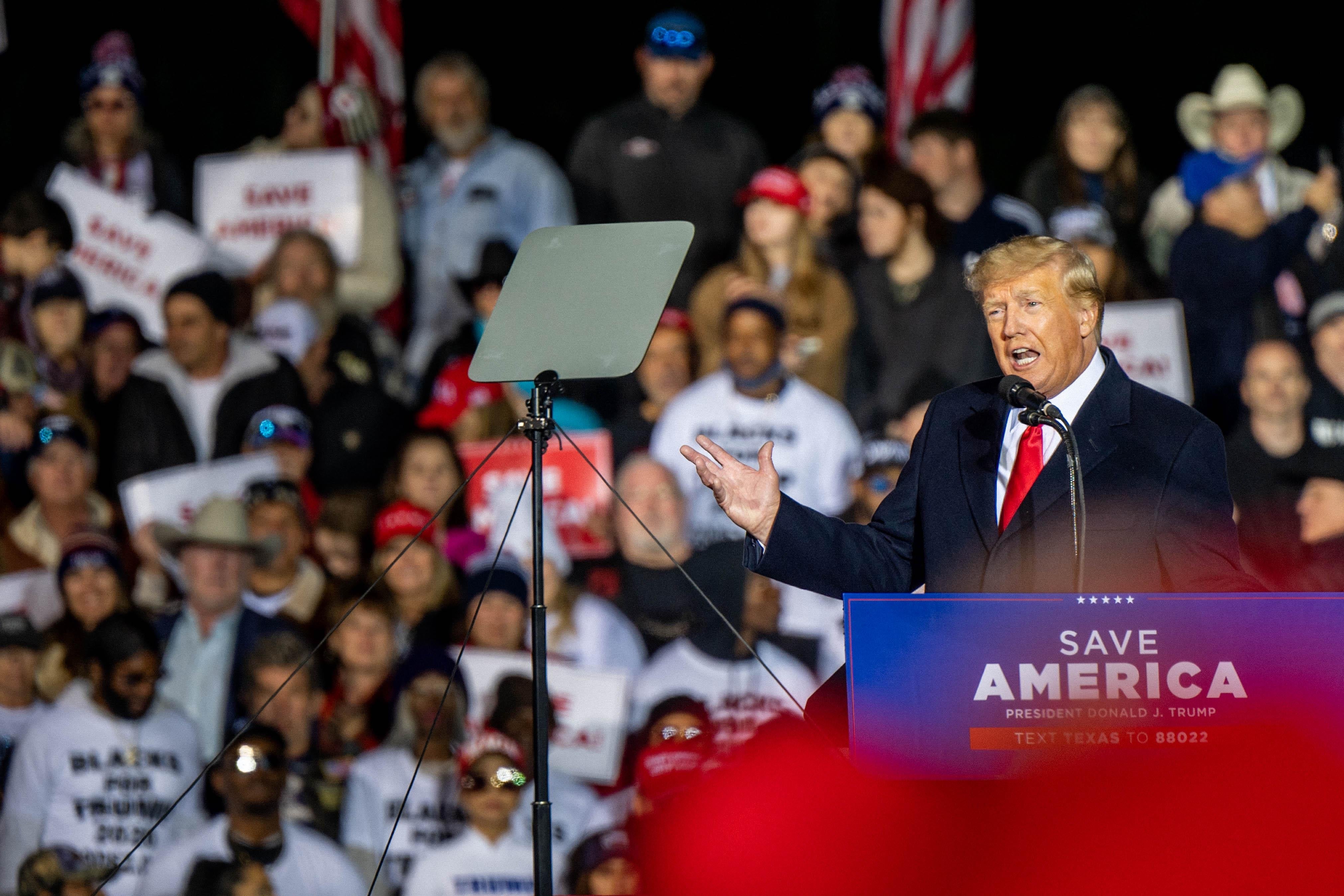 Former President Donald Trump speaks during a rally at the Montgomery County Fairgrounds on January 29, 2022 in Conroe, Texas.