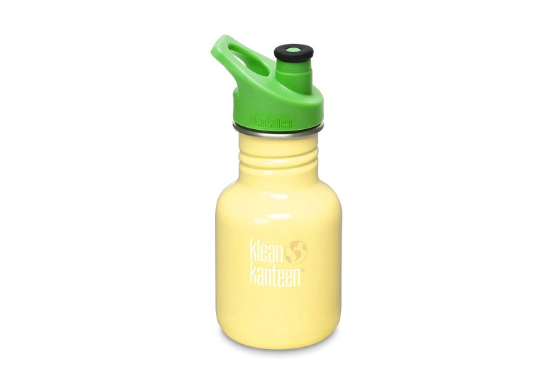 A yellow metal Klean Kanteen sippy cup with a green lid.