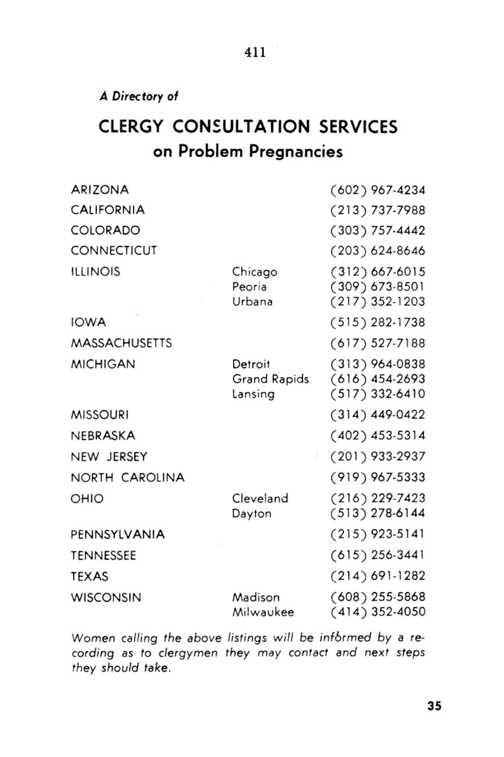 A directory for Clergy Consultation Services on problem pregnancies.