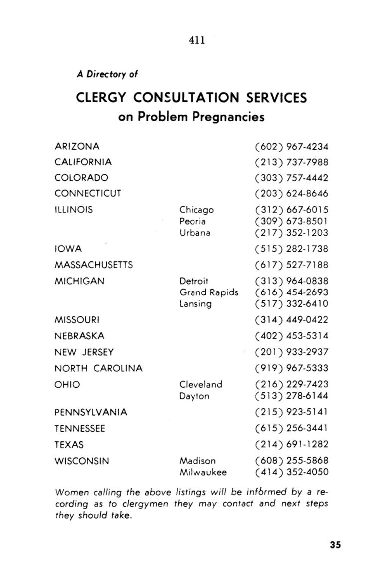 A directory for Clergy Consultation Services on problem pregnancies.