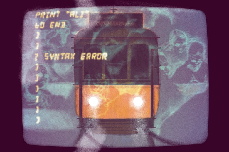 A computer screen that shows an error message also shows a train and a few people.