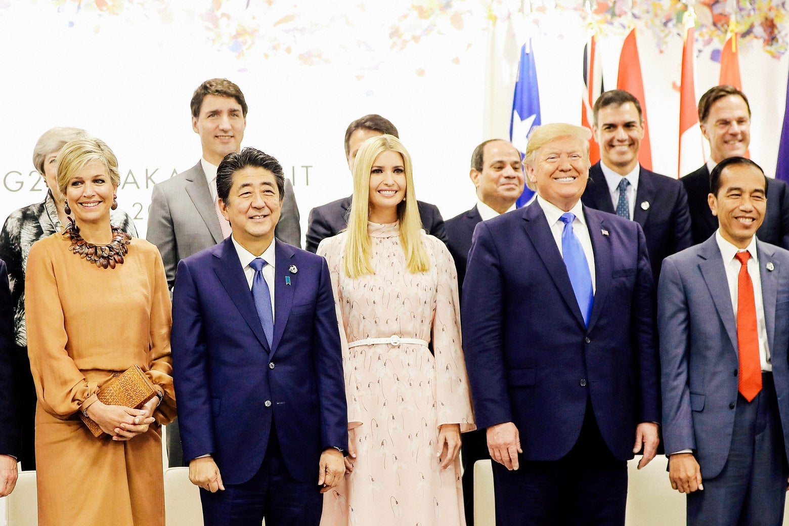 Netherlands Queen Máxima, Canadian Prime Minister Justin Trudeau, Japanese Prime Minister Shinzō Abe, adviser to the U.S. president Ivanka Trump, U.S. President Donald Trump, and Indonesian President Joko Widodo pose for a photo at the G-20 summit.
