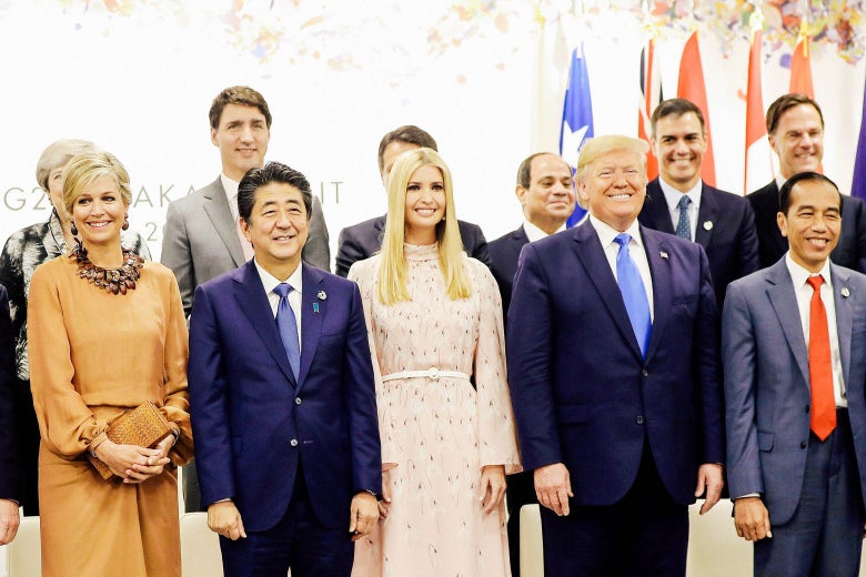 Netherlands Queen Máxima, Canadian Prime Minister Justin Trudeau, Japanese Prime Minister Shinzō Abe, adviser to the U.S. president Ivanka Trump, U.S. President Donald Trump, and Indonesian President Joko Widodo pose for a photo at the G-20 summit.