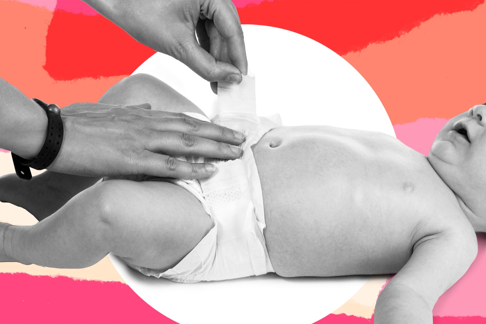 Photo illustration of a woman changing a baby's diaper on top of a pattern of torn paper.