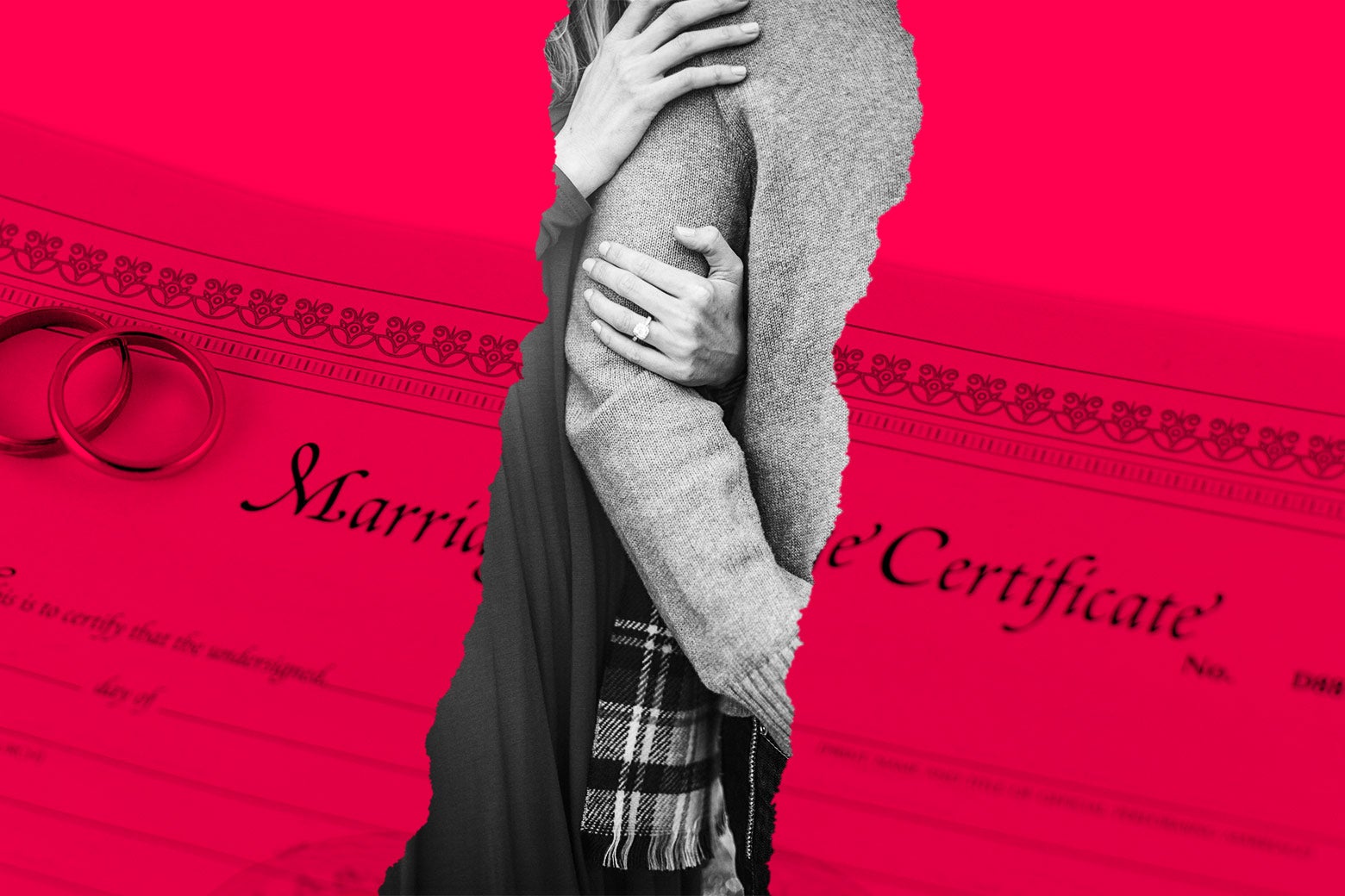 Woman holding onto a man's arm, with a background of a marriage certificate.