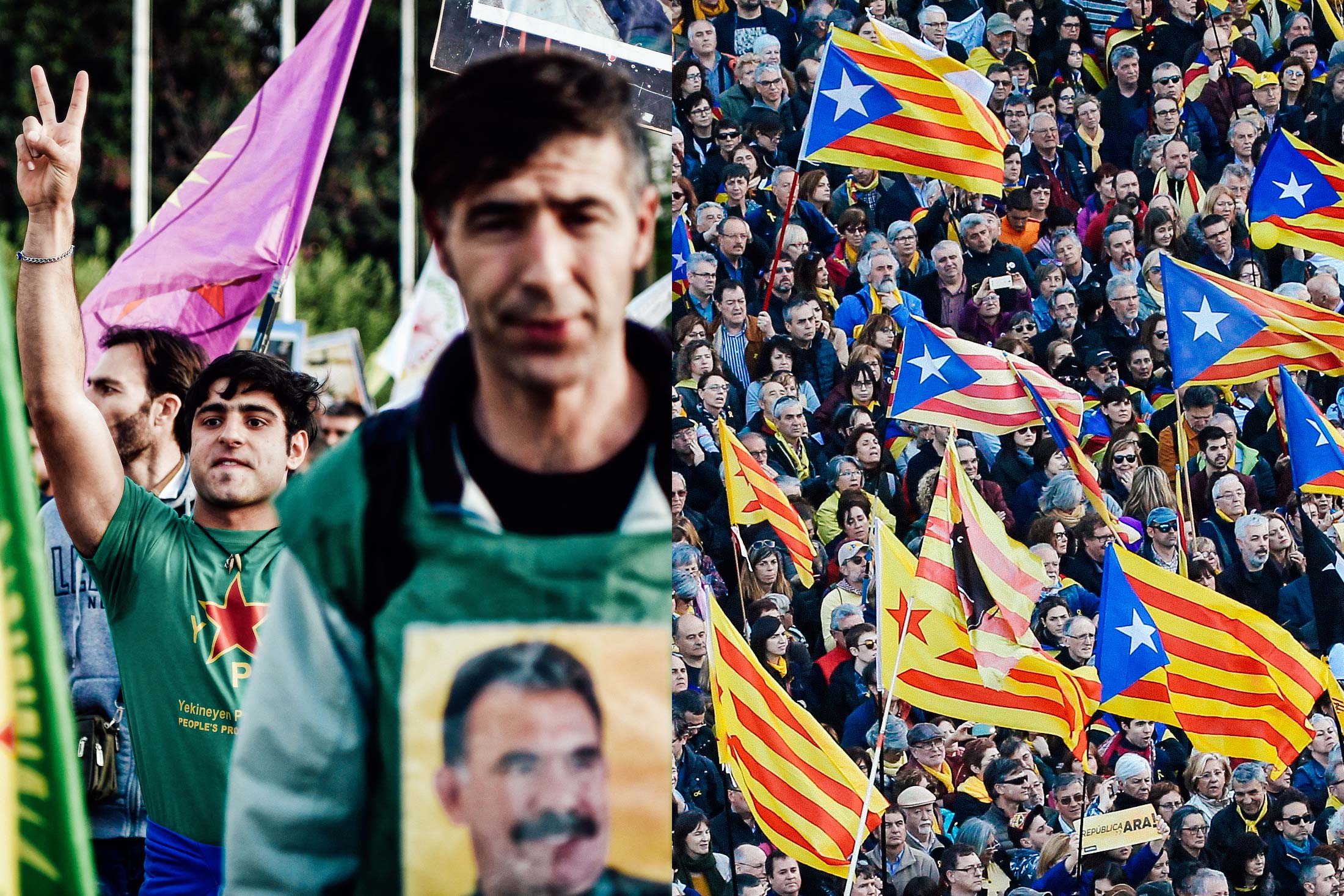 Kurdish supporters protesting, Catalan supporters protesting.