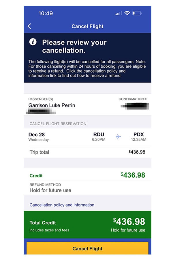A screenshot of page in Southwest's app. The top of the screen says "cancel flight". The total cost of the flight is shown as $436, and below that number it says "hold for future use." There is no way to select another option.