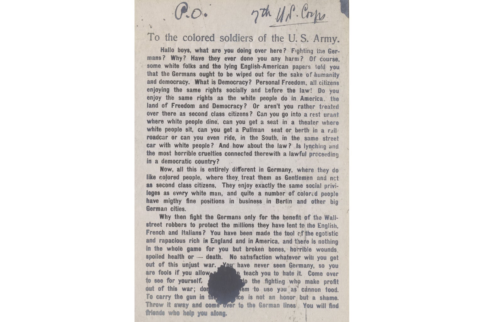 A world war I propaganda flyer--the text is transcribed below.