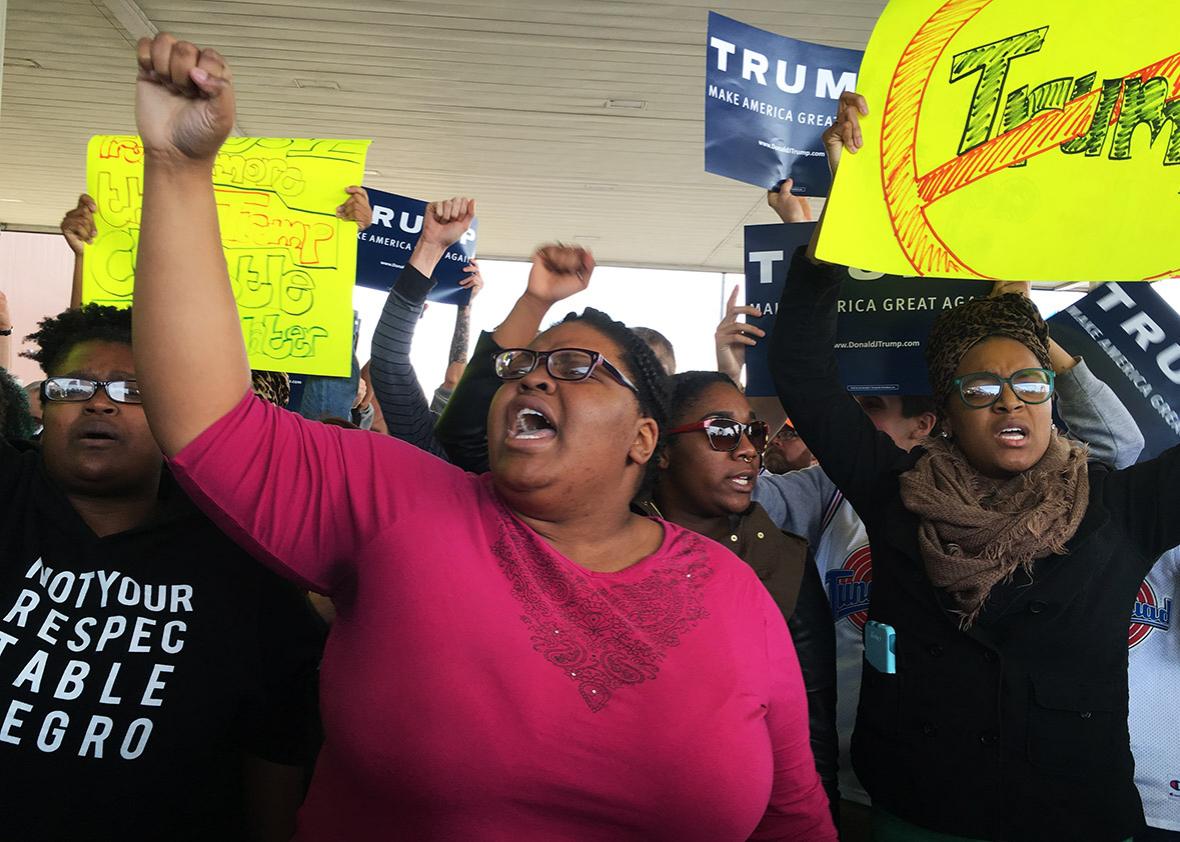 Protesters rally outside during a Trump rally at the International Exposition Center March 12, 2016 in Cleveland, Ohio.