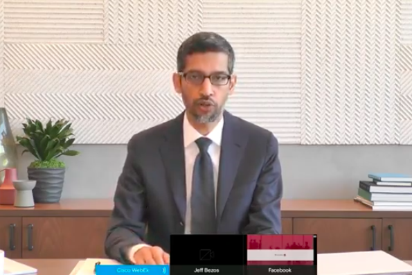 Screenshot of Sundar Pichai testifying remotely.