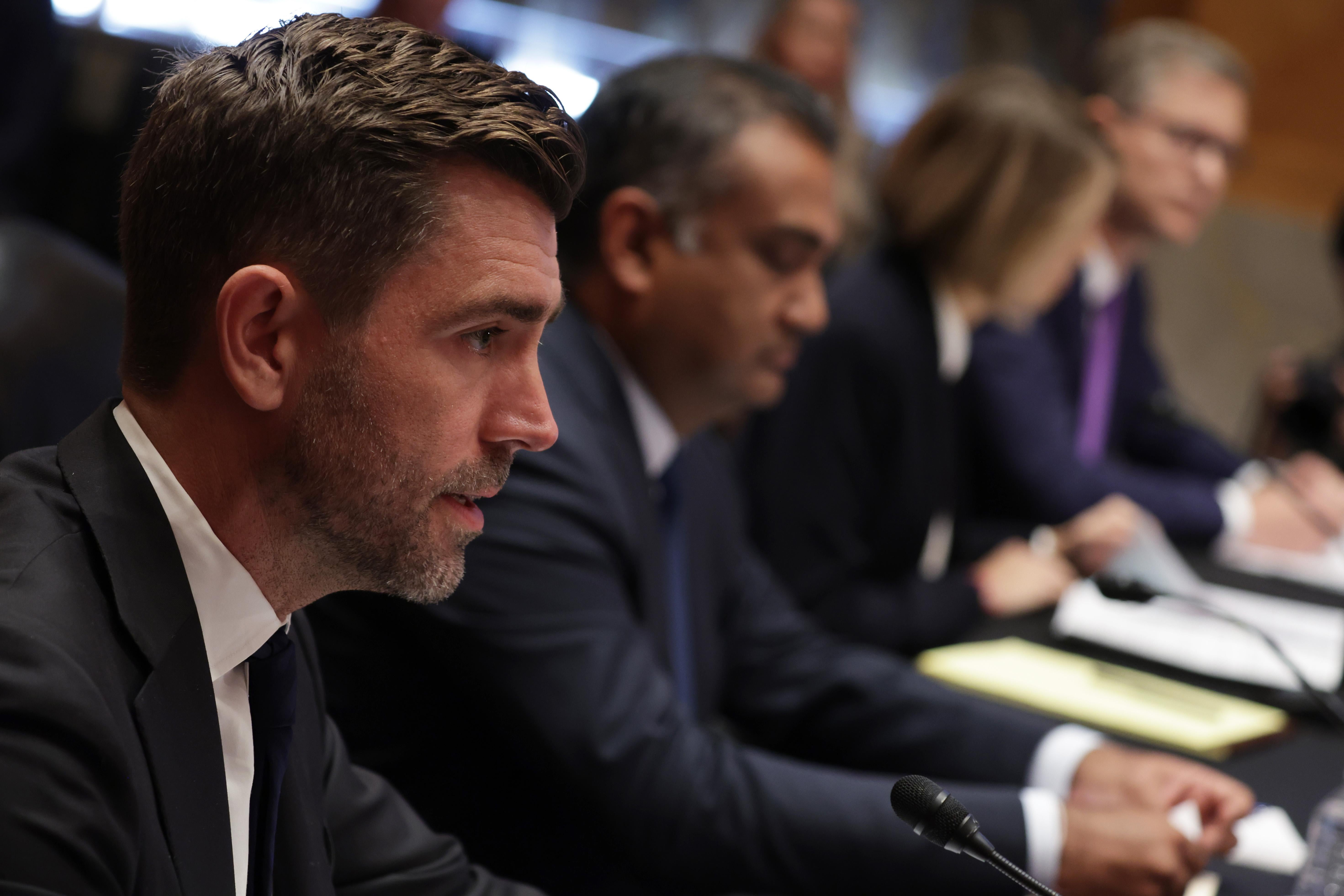 WASHINGTON, DC - SEPTEMBER 14:  Chief Product Officer of Meta Chris Cox (L) testifies seated next to Chief Product Officer of YouTube Neal Mohan, Chief Operating Officer of TikTok Vanessa Pappas, and General Manager of Bluebird of Twitter Jay Sullivan during a hearing before Senate Homeland Security and Governmental Affairs Committee September 14, 2022 in Washington, DC. The committee held a hearing to examine “social media's impact on homeland security.”  (Photo by Alex Wong/Getty Images)