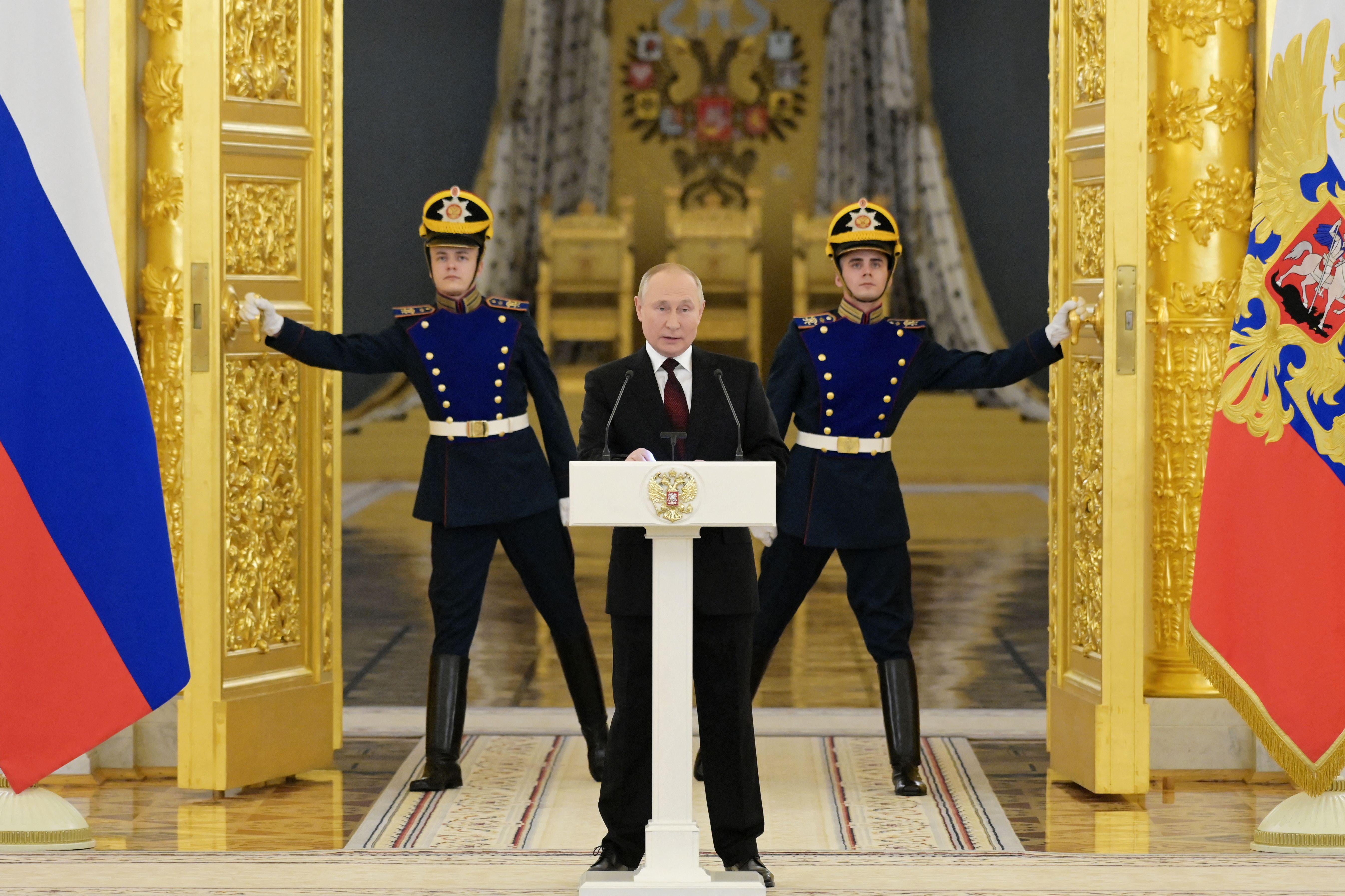Russian President Vladimir Putin at a ceremony for newly-appointed foreign ambassadors in Moscow, on December 1. (Photo by GRIGORY SYSOYEV/SPUTNIK/AFP via Getty Images)