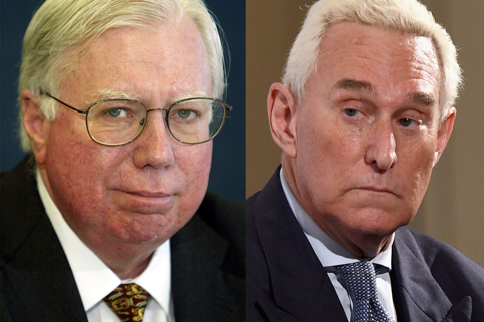 Side by side images of Jerome Corsi and Roger Stone