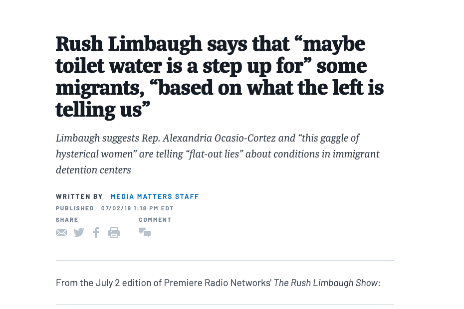 Screenshot of Media Matters page with headline "Rush Limbaugh says that 'maybe toilet water is a step up' for some migrants, 'based on what the left is telling us.' "