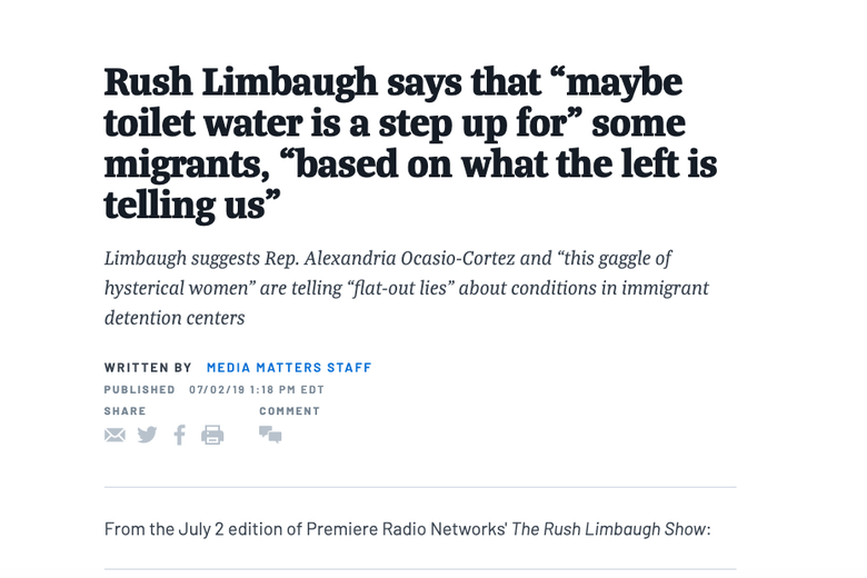 A headline that reads, "Rush Limbaugh says that 'maybe toilet water is a step up' for some migrants, 'based on what the left is telling us.'"