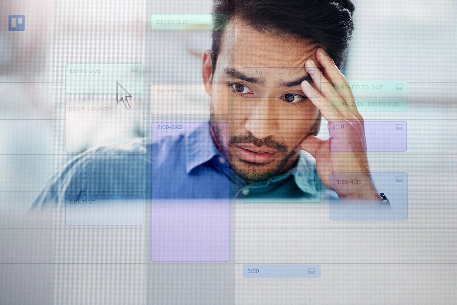 Office worker with a headache while staring at a Trello board.