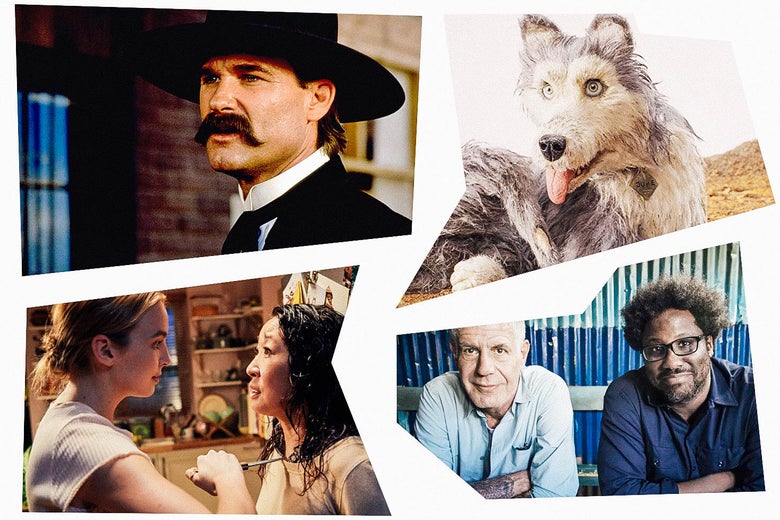 A collage in a mosaic style features stills of Kurt Russell in Tombstone; a claymation dog, Sandra Oh in Killing Eve, and Anthony Bourdain sitting next to W. Kamau Bell.