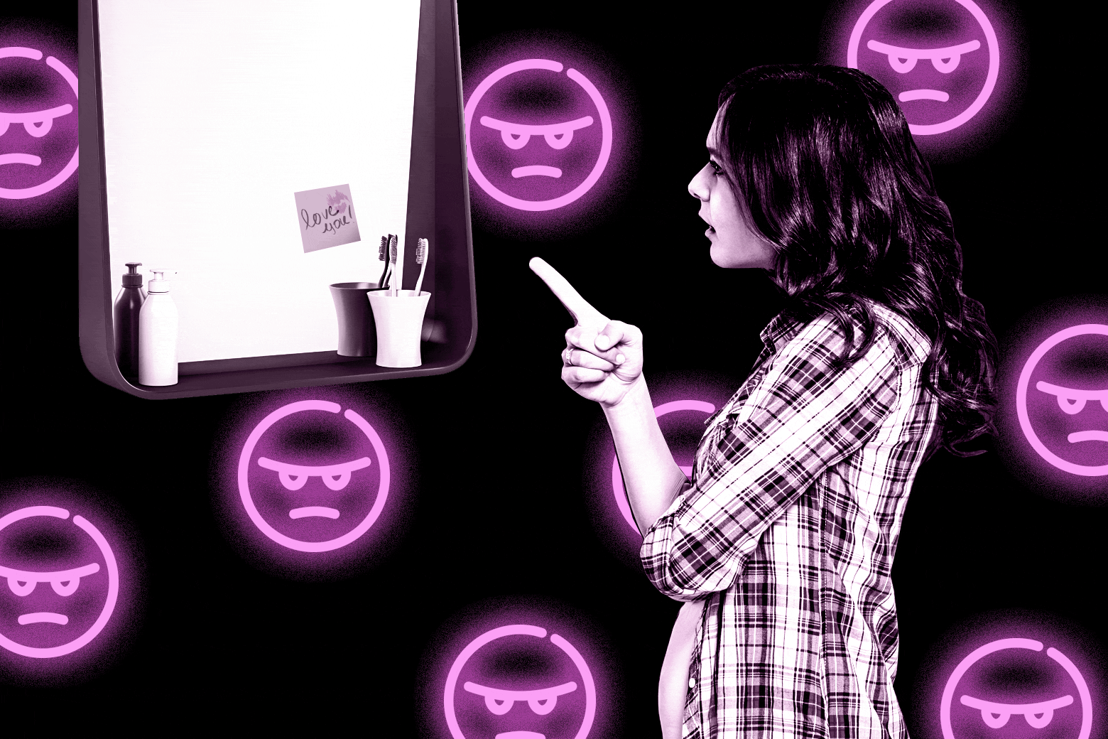 Photo illustration of a woman looking at a bathroom mirror with a Post-It Note from another woman on it. Angry face emojis glow neon in the background.