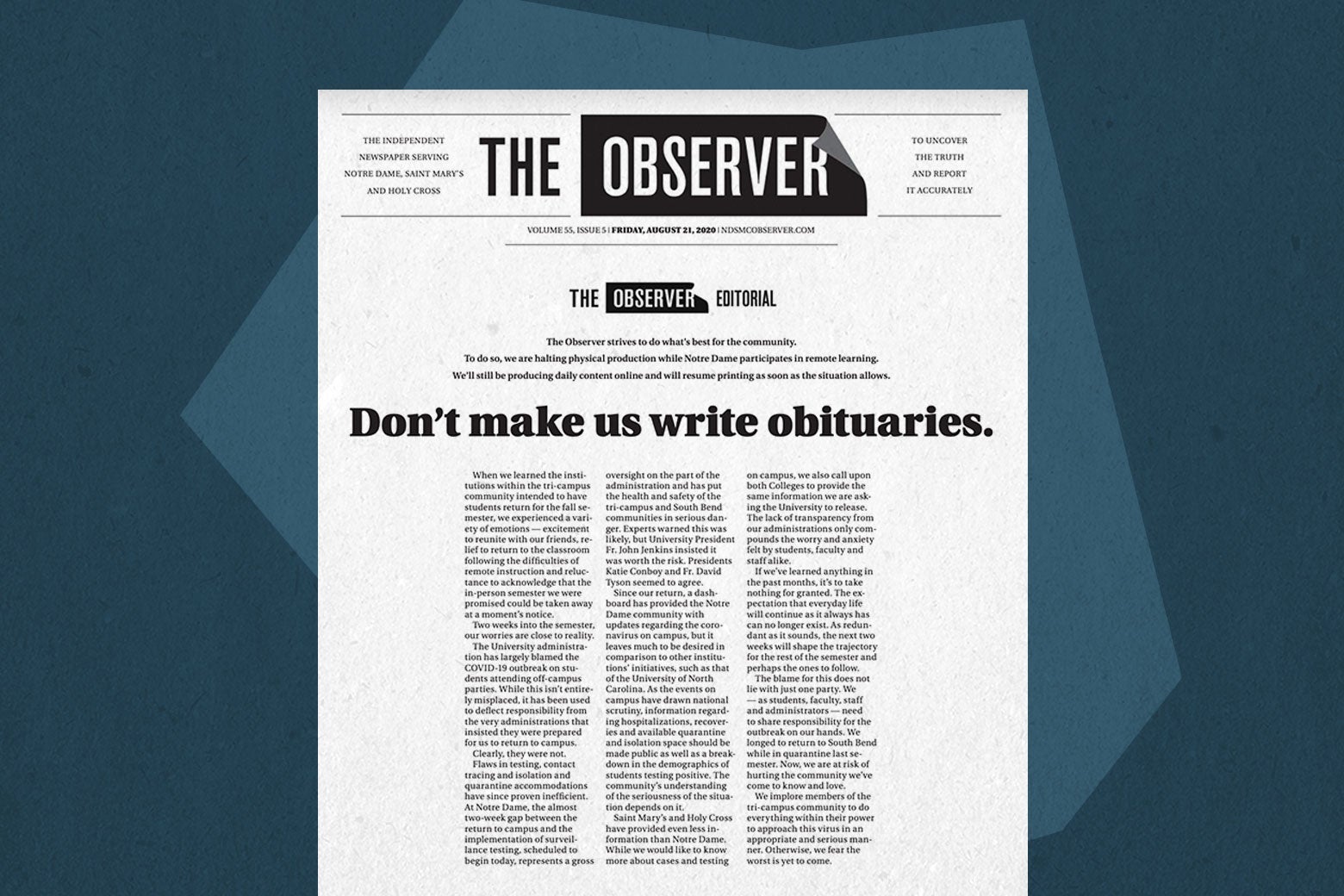 Print Edition of The Observer front page for Friday, August 21, 2020
