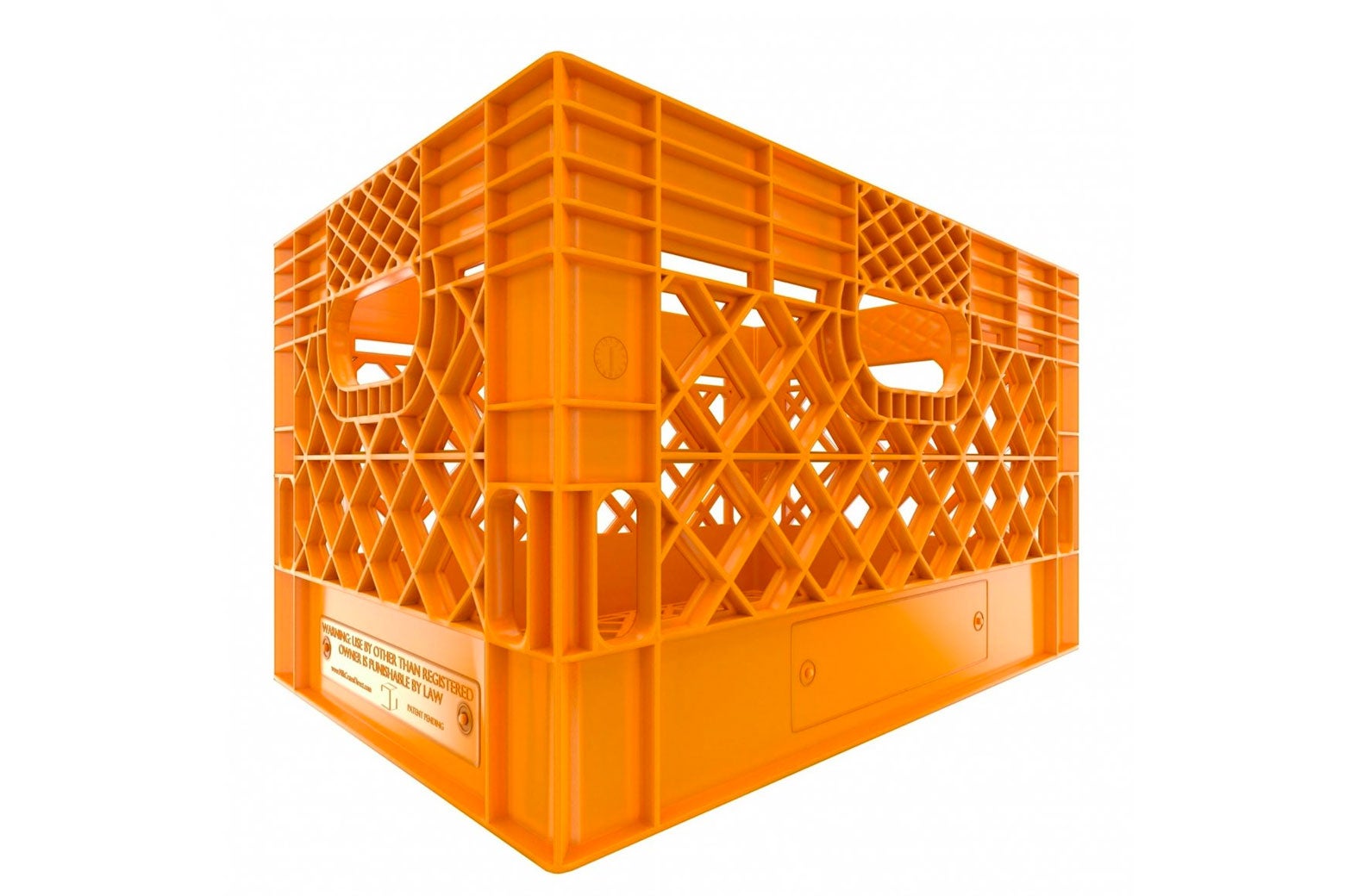 An empty orange milk crate.