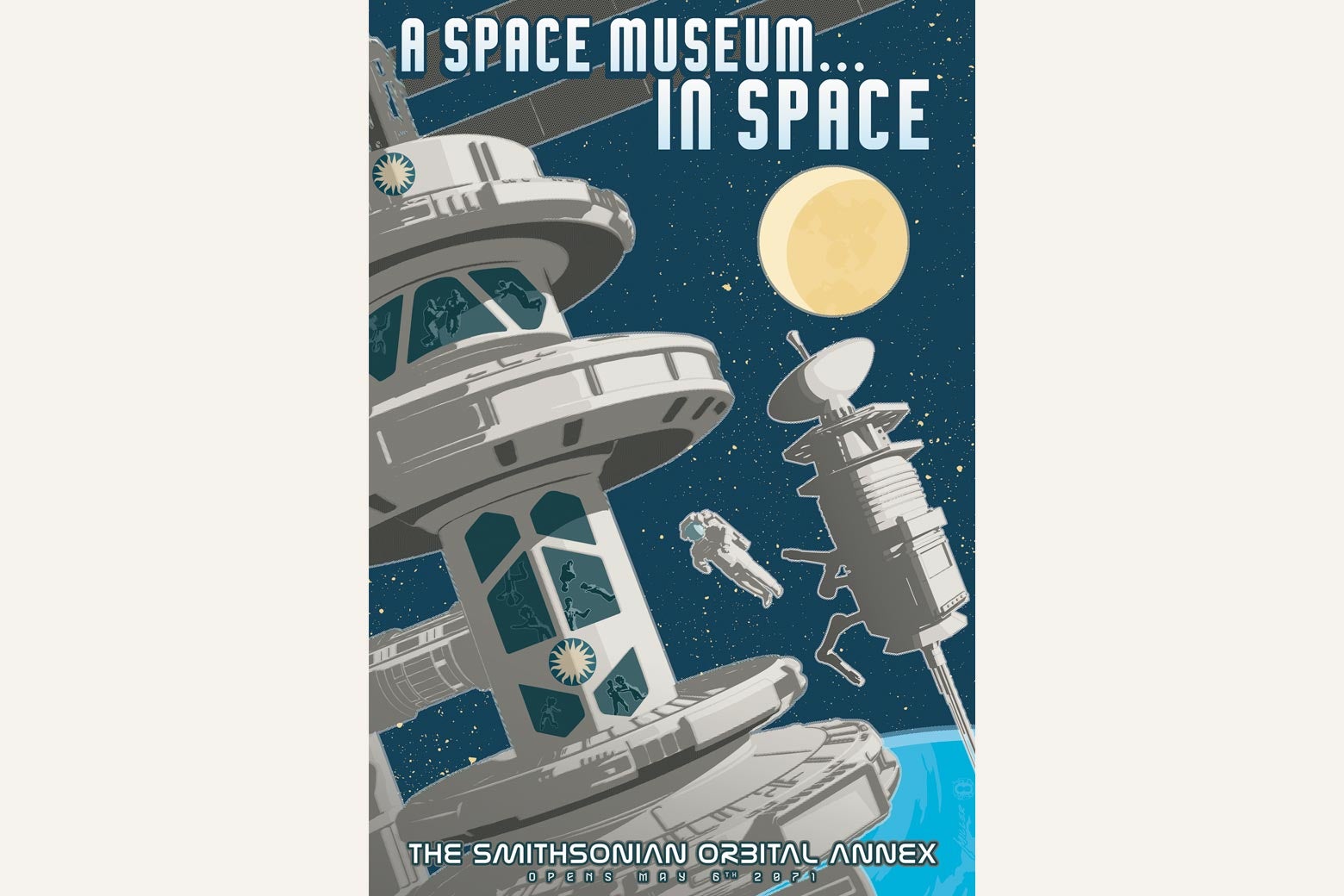 Poster illustration of a space station, astronaut, and moon. 