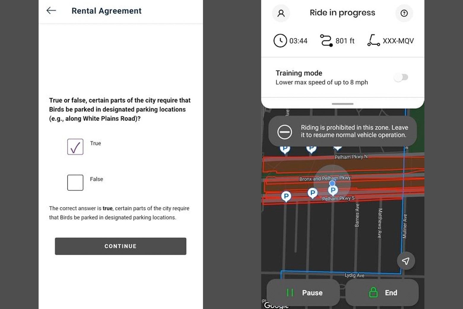 A screenshot of a page in the app asking a true or false question about where Bird scooters can be parked and another screenshot pointing out that "riding is prohibited in this zone."