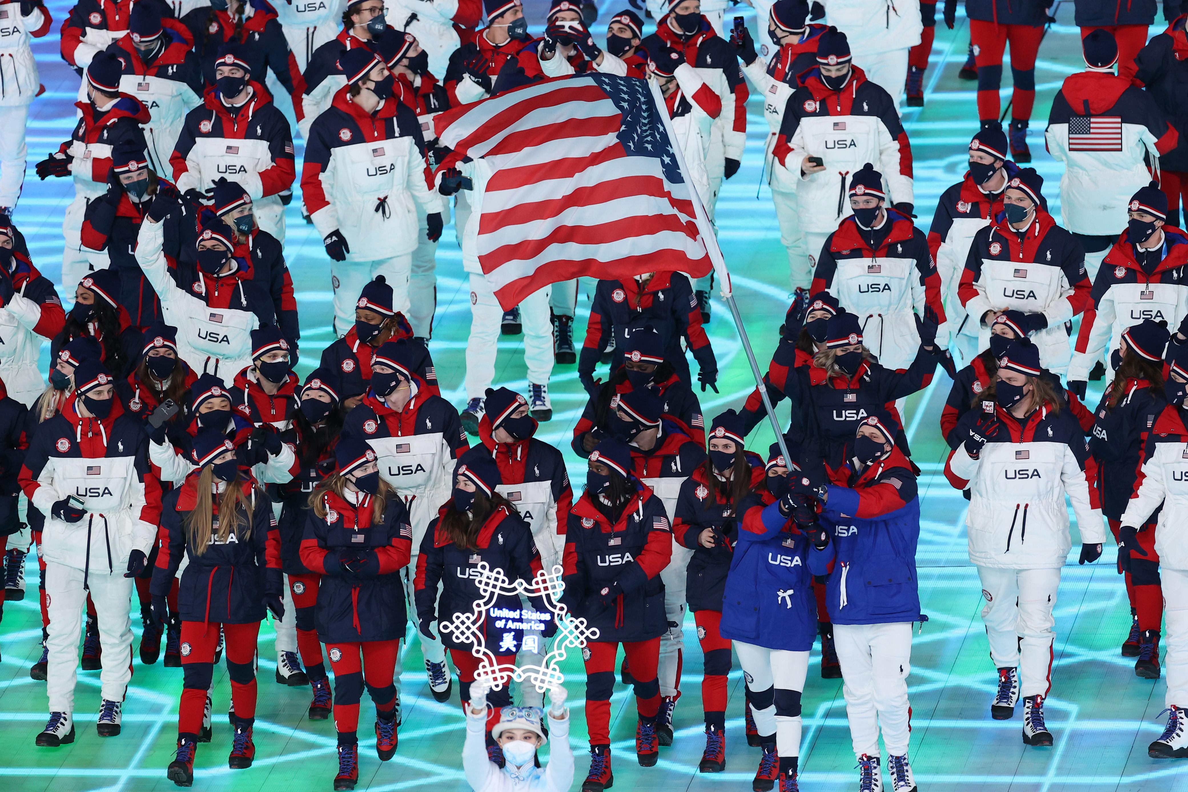 Team USA marches as a group.