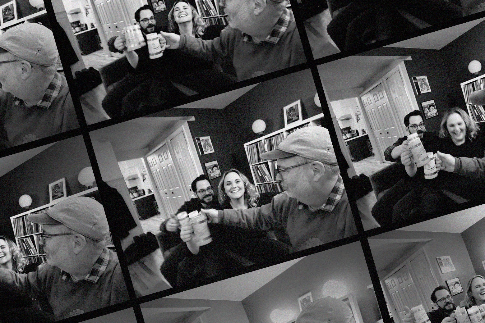 Slightly askew black-and-white collage of selfies of the author with Sheila Liming and Dave Haeselin.