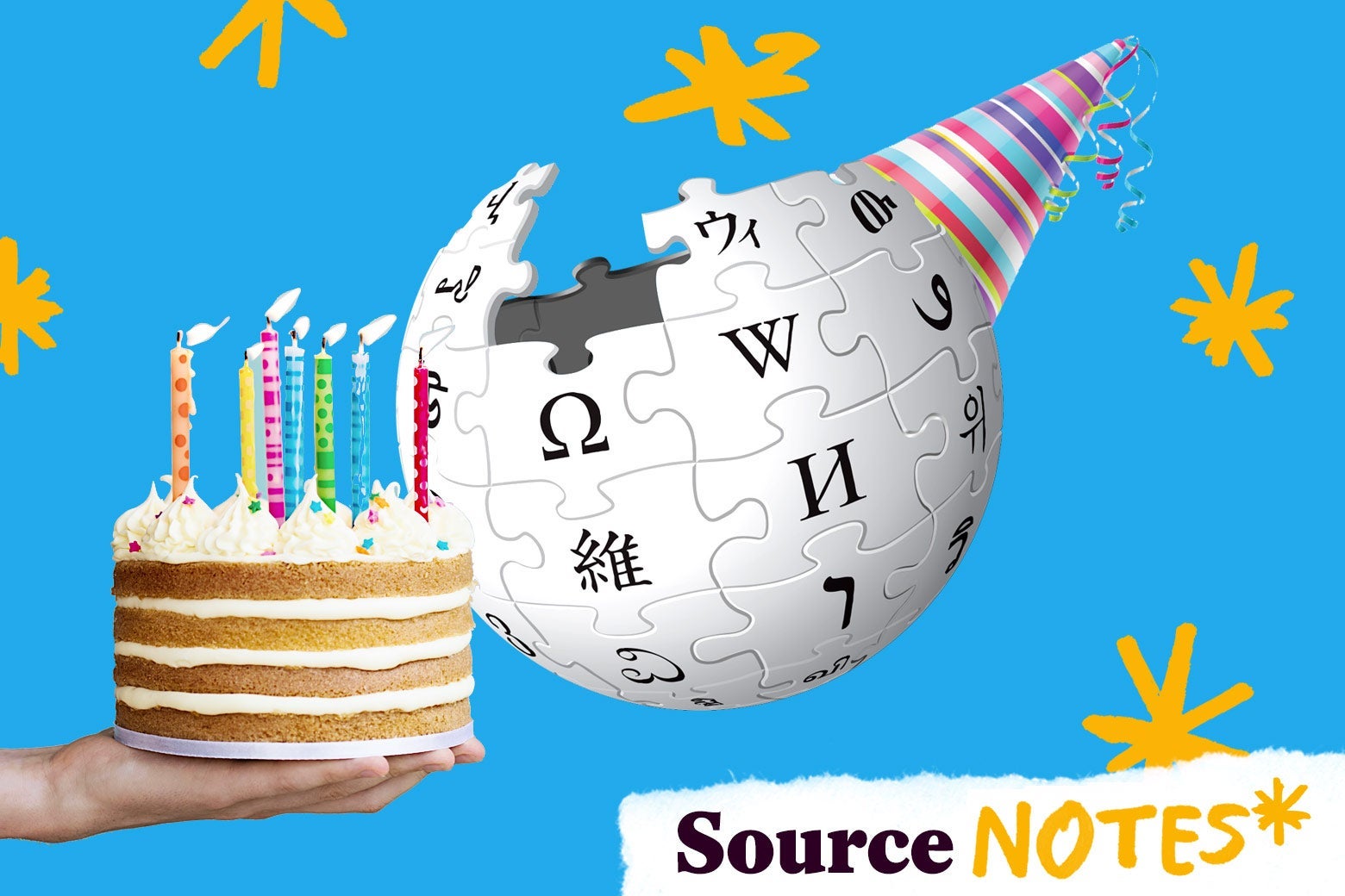 A Wikipedia globe with a birthday party hat and someone holding a birthday cake.