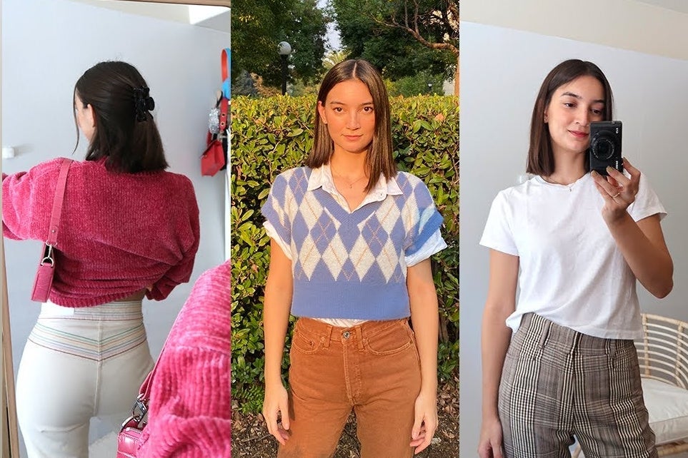 Three images of a woman in different outfits, including a pink shirt with white jeans, a blue argyle vest, and a white t-shirt. 