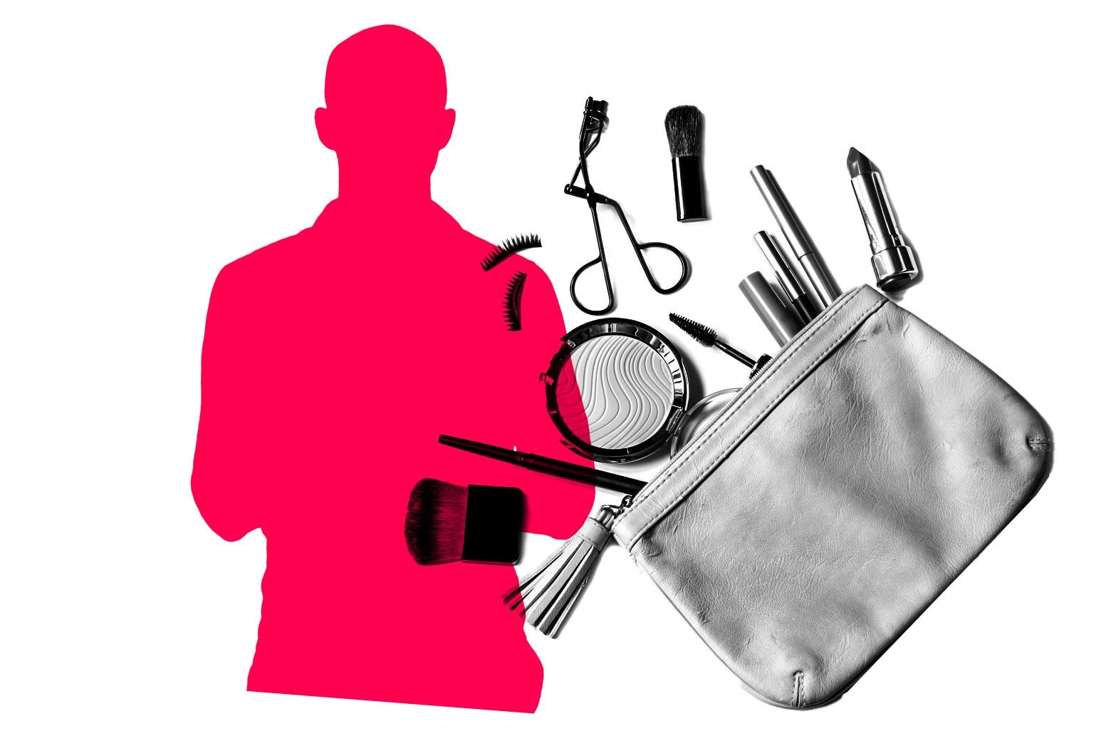 A silhouette of a man and a makeup bag with products strewn out of it.