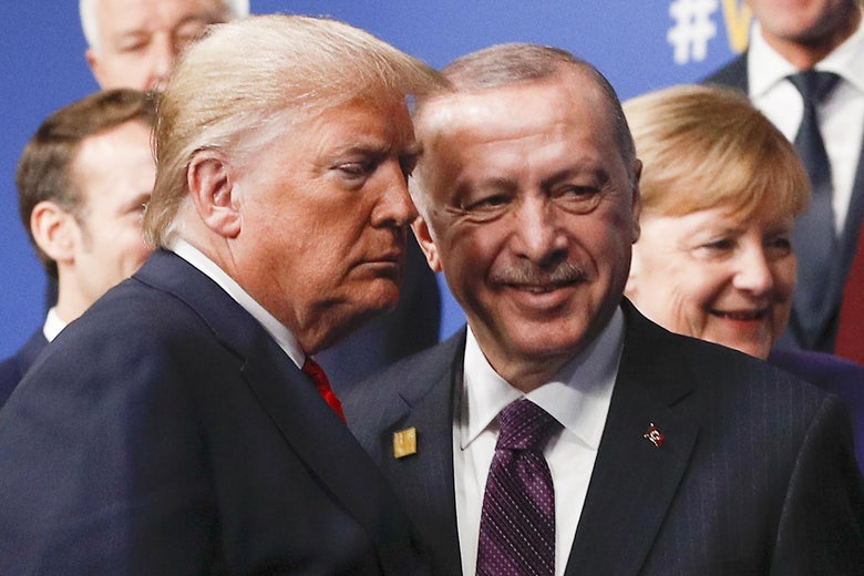 President Trump and Turkey's President Recep Tayyip Erdogan getting their faces awkwardly close to one another.