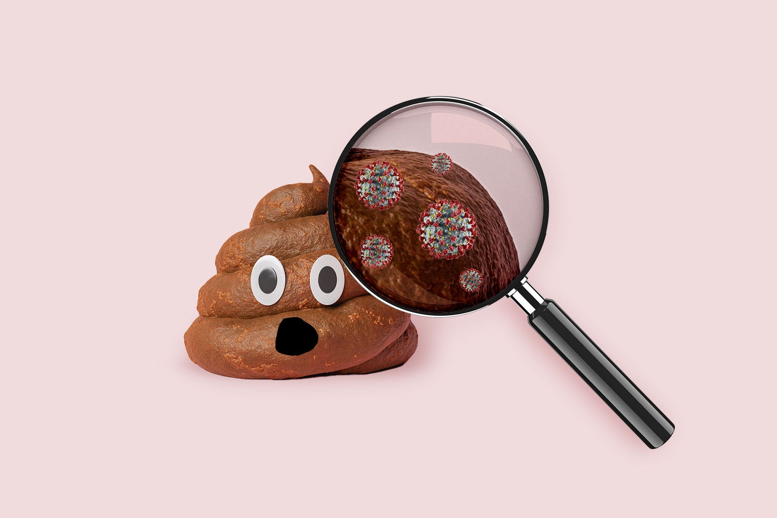 A magnifying glass hovers over a terrified-looking emoji poo with googly eyes. Under the magnifying glass are multiple little COVID-19 viruses.