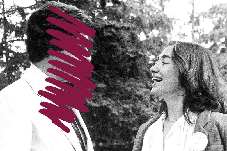 Photo of young Bill and Hillary Clinton, with Bill's face crossed out