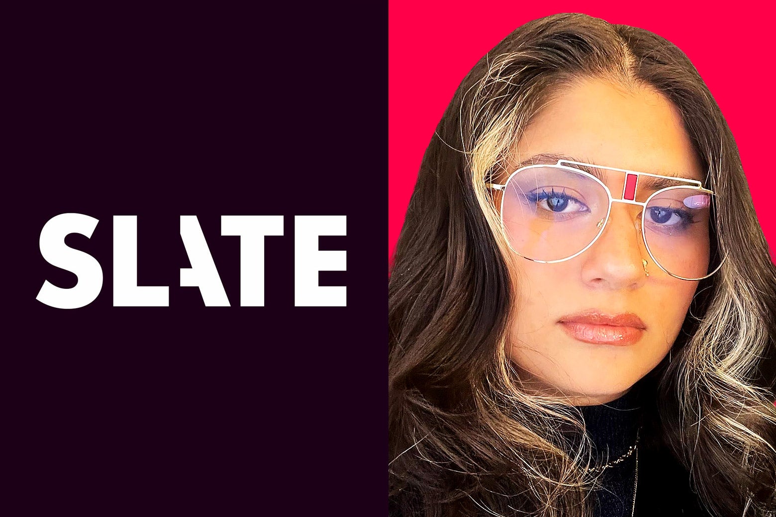 The Slate logo next to a headshot of Scaachi Koul in a pair of very fancy glasses.