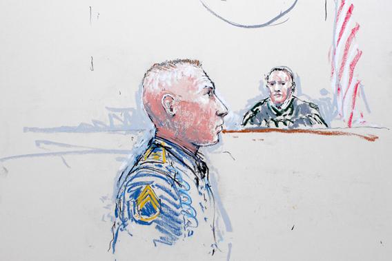 Army Staff Sergeant Robert Bales (L) and Judge Col. Jeffery R. Nance is seen in a courtroom sketch as he is arraigned on 16 counts of premeditated murder, six counts of attempted murder and seven of assault at Joint Base Lewis-McChord, Washington January 17, 2013.